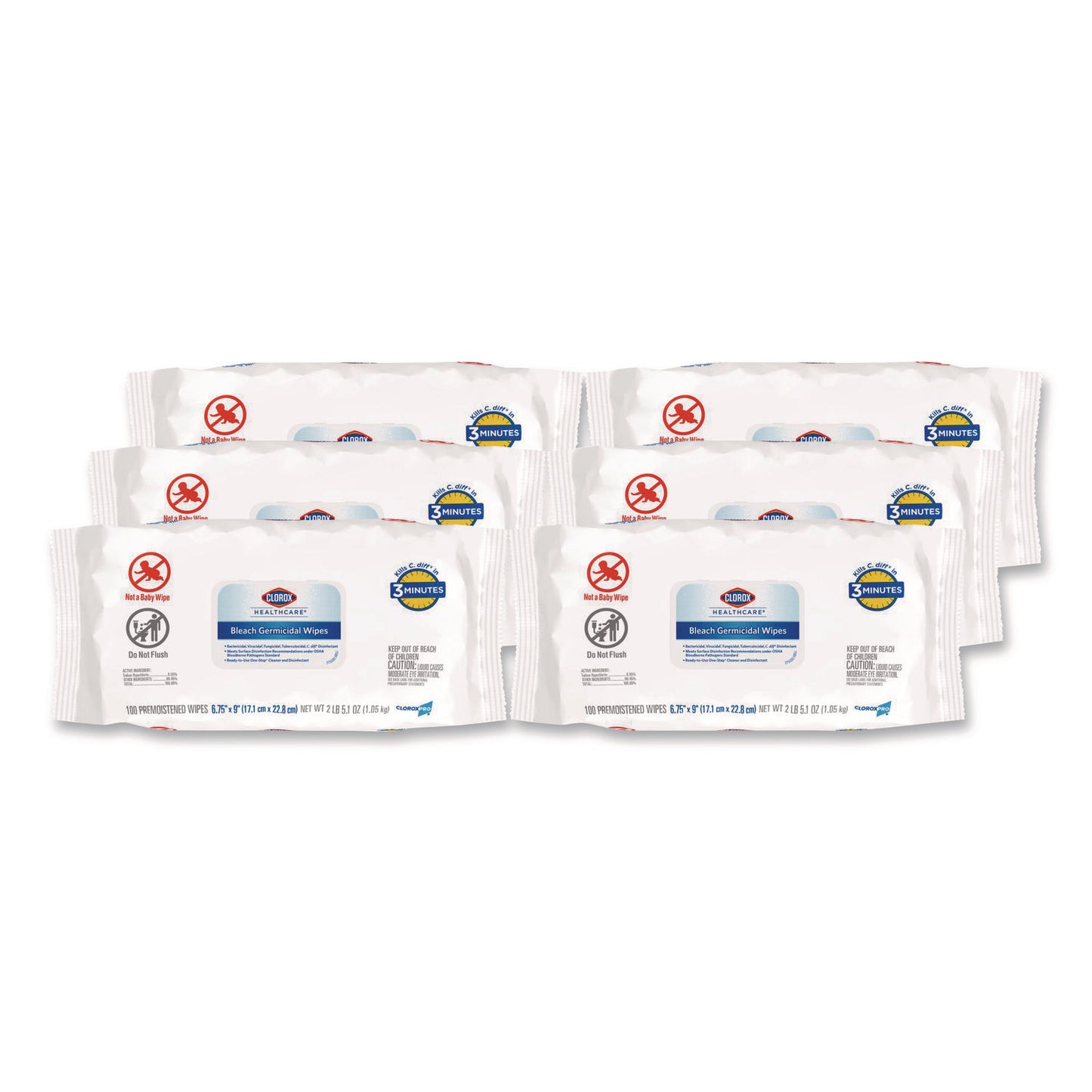 CLO32621 Bleach Germicidal Wipes, Disinfectant Wipes, 1-Ply, 6.75 x 9, Unscented, White, 100 Wipes/Flex-Pack, 6 Flex-Packs/Carton