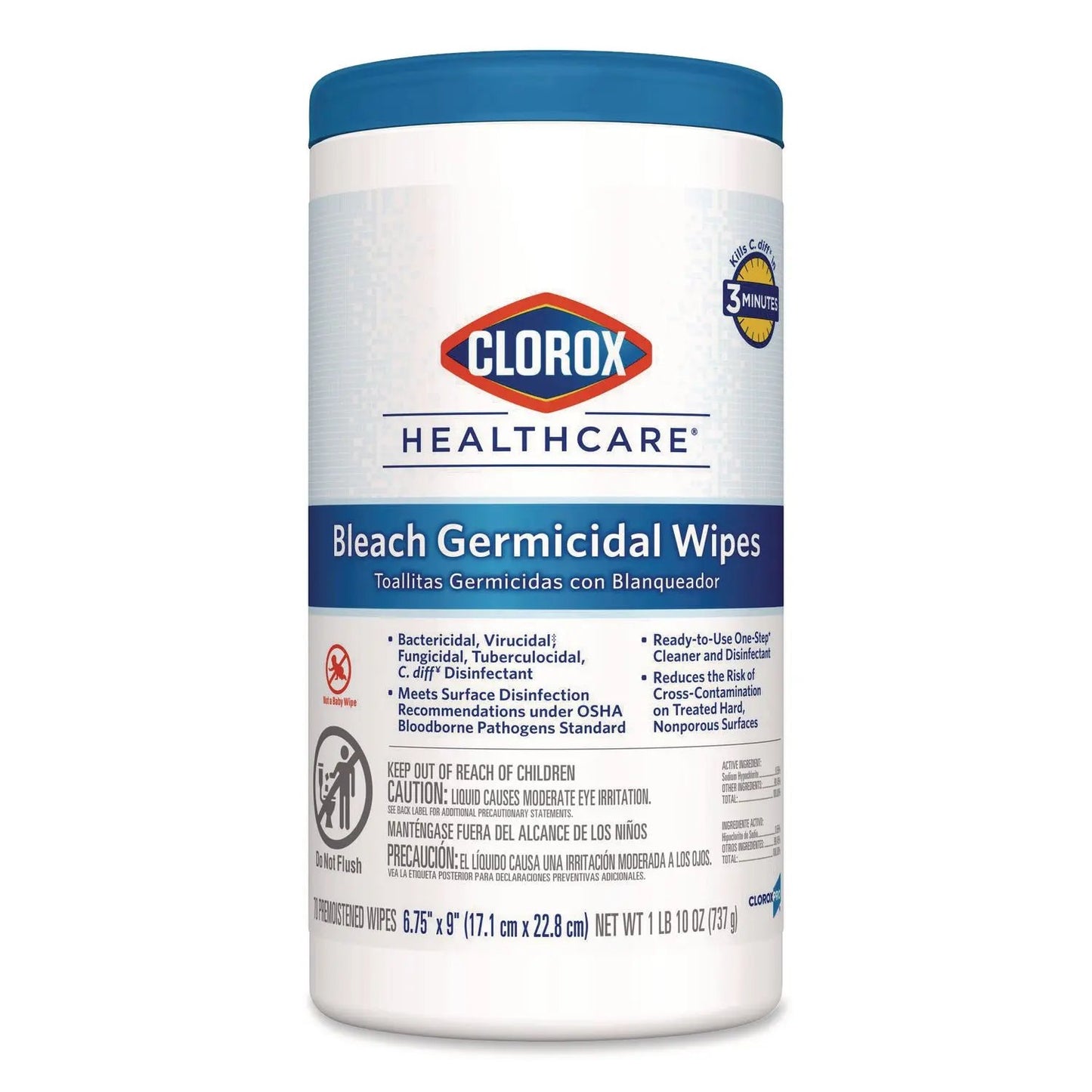 CLO35309 Bleach Germicidal Wipes, 1-Ply, 6.75 x 9, Unscented, White, 70/Canister Clorox Healthcare