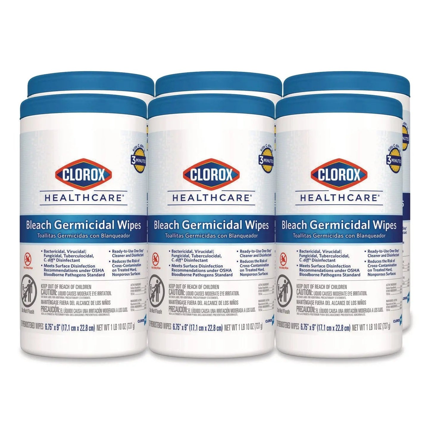 CLO35309CT Bleach Germicidal Wipes, 1-Ply, 6.75 x 9, Unscented, White, 70/Canister, 6 Canisters/Carton Clorox Healthcare