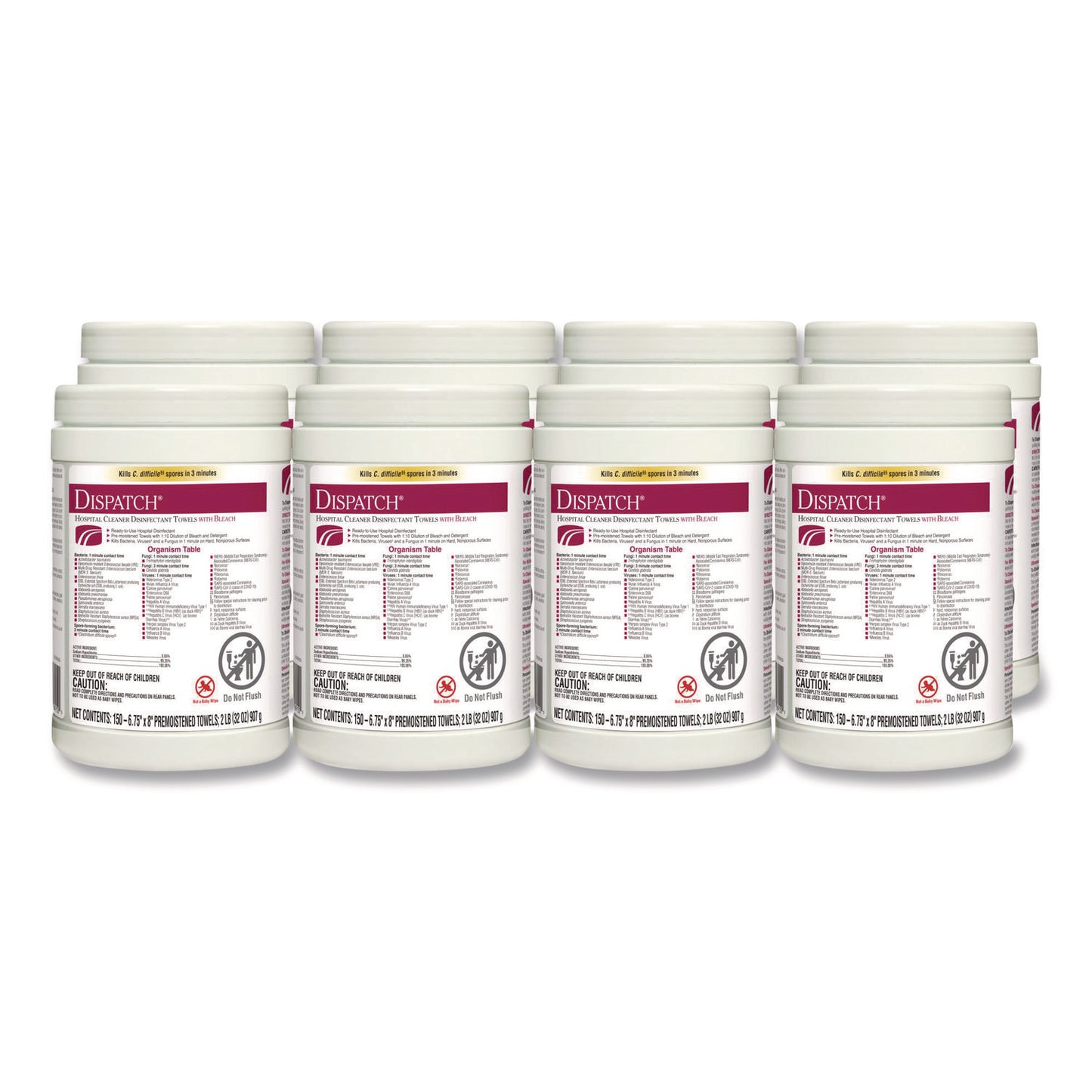 CLO69150 Dispatch Hospital Cleaner Disinfectant Towels w/Bleach, 1-Ply, 6.75 x 8, Unscented, White, 150/Canister, 8 Canisters/Carton