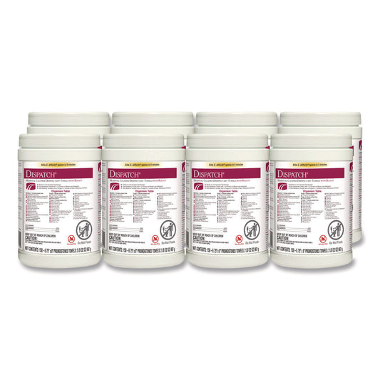 CLO69150 Dispatch Hospital Cleaner Disinfectant Towels w/Bleach, 1-Ply, 6.75 x 8, Unscented, White, 150/Canister, 8 Canisters/Carton
