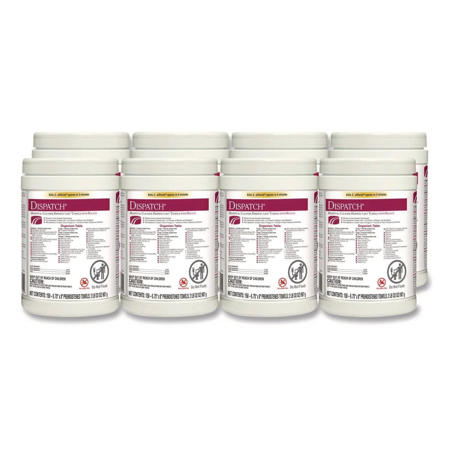 CLO69150 Dispatch Hospital Cleaner Disinfectant Towels w/Bleach, 1-Ply, 6.75 x 8, Unscented, White, 150/Canister, 8 Canisters/Carton Clorox Healthcare