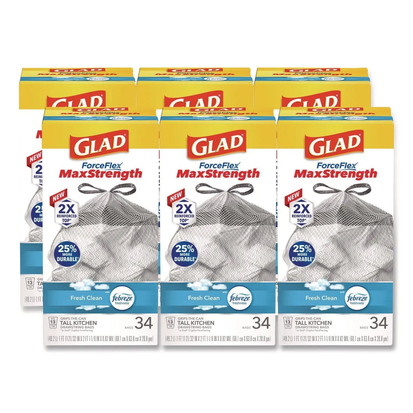 CLO70320 ForceFlex MaxStrength Tall Kitchen Drawstring Trash Bags, 13 gal, Fresh Clean Scent, 24 x 28, White, 34/Box, 6 Boxes/Carton Glad