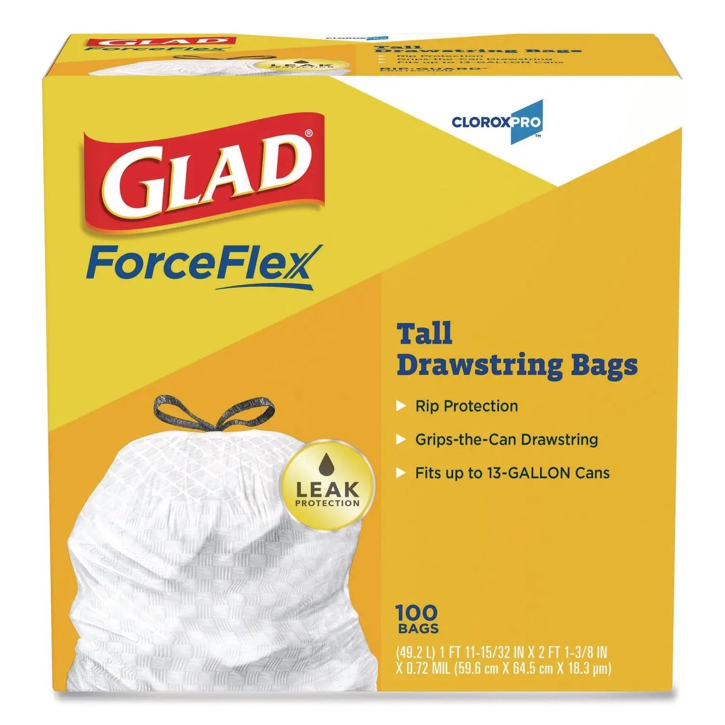 CLO78526 CloroxPro ForceFlex Tall Kitchen Drawstring Trash Bags, 13 gal, 24 x 27.38, Gray, 100/Box Glad