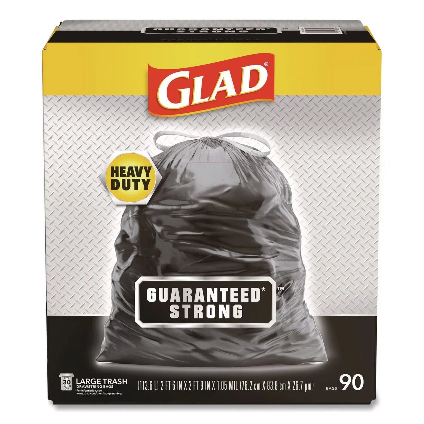 CLO78952 Guaranteed Strong Large Drawstring Trash Bags, Three-Ply, 30 gal, 1.05 mil, 30" x 33", Black, 90/Carton Glad