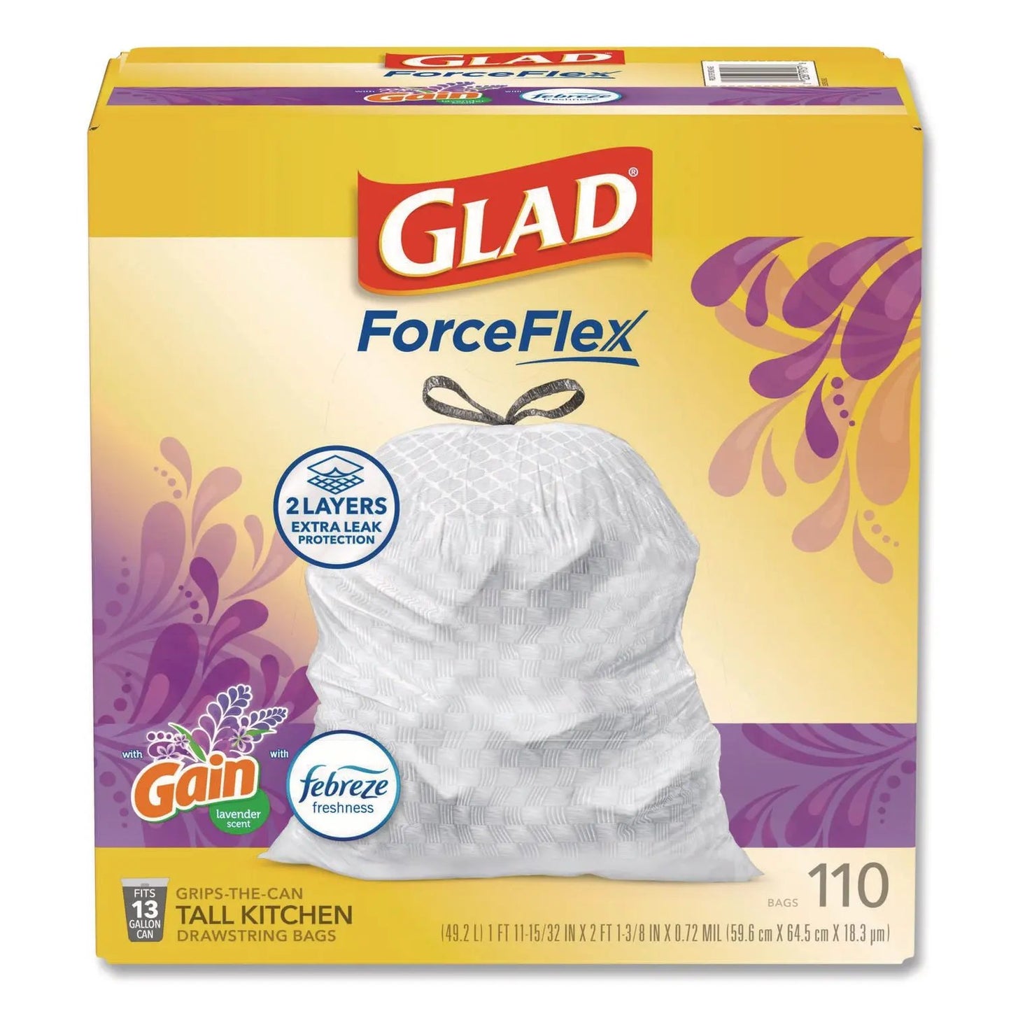 CLO79157 ForceFlex Tall Kitchen Drawstring Trash Bags, 13 gal, Gain Lavender with Febreze Freshness, 10.18 x 9.81, White, 110/Box Glad