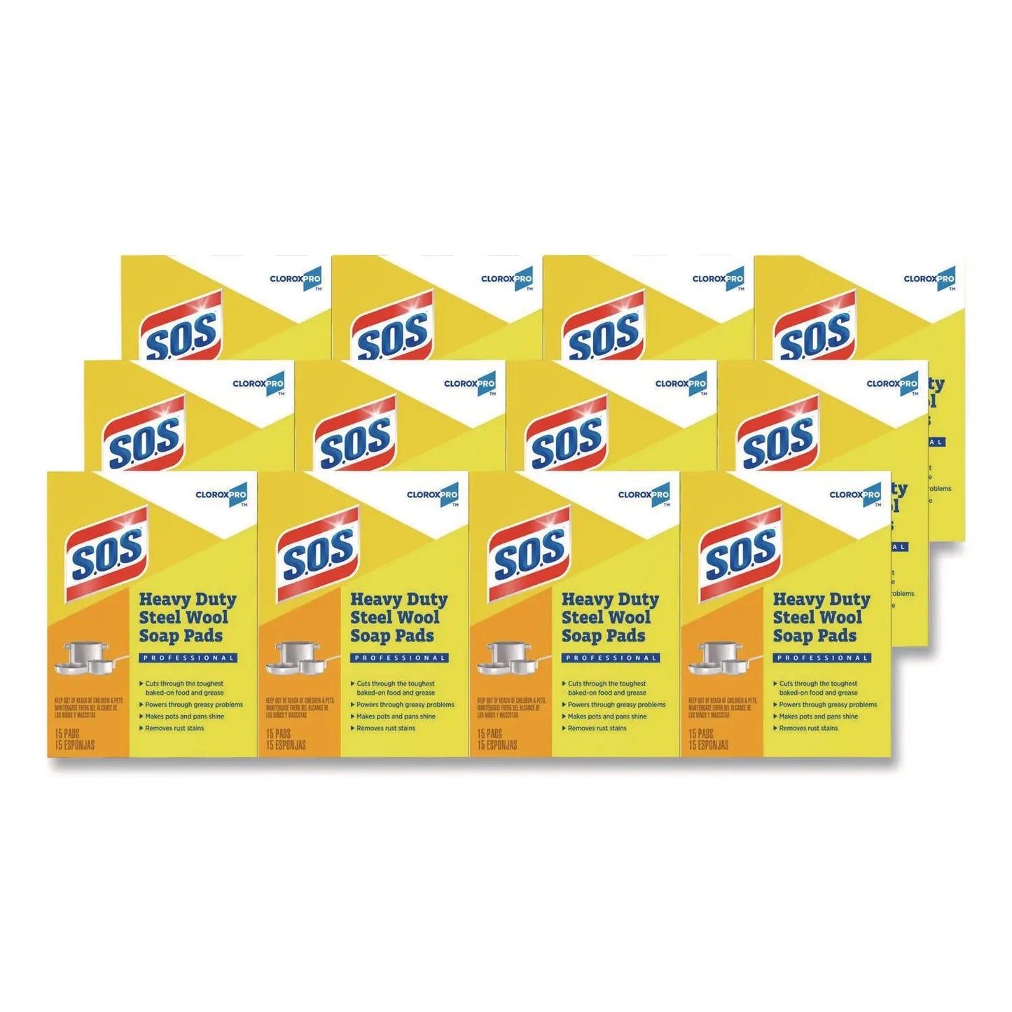 CLO88320CT Steel Wool Soap Pads, 2.4 x 3, Steel, 15 Pads/Box, 12 Boxes/Carton S.O.S.