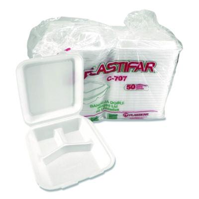 PST12109 Foam Hinged Lid Containers, 3-Compartment, 7.56 x 8.25 x 2.38, White, Foam, 200/Carton PLASTIFAR SA