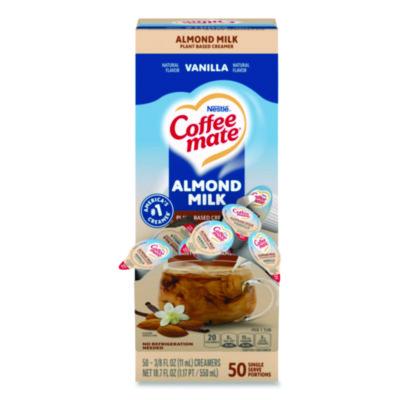 NES42258BX Plant-Based Almond Milk Non-Dairy Liquid Creamer Singles, Natural Vanilla, 0.38 oz Mini Cups, 50/Box