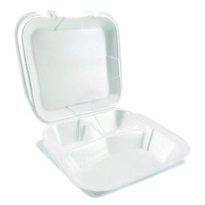 PST12083 Foam Hinged Lid Containers, 3-Compartment, 9 x 9 x 3, White, Foam, 200/Carton PLASTIFAR SA