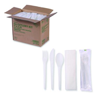 ECOEPS015 Plantware Compostable Cutlery Kit, Fork/Knife/Napkin/Spoon, Pearl White, 250 Kits/Carton