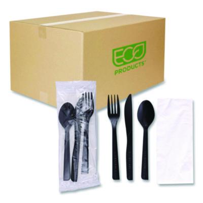 ECOEPS115 100% Recycled Content Cutlery Kit, Heavyweight Fork/Knife/Soup Spoon/Spoon, Plastic, Black, 250/Carton