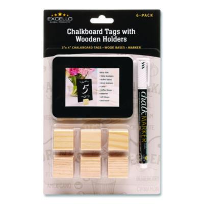 EXOEGPHD0508S Tabletop Chalkboard Tag, Black Surface, Teak Wood Holder, 3 x 4, 6/Pack EXCELLO GLOBAL PRODUCTS