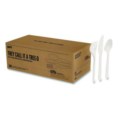 PRK24394124 Eco-ID Mediumweight Compostable Cutlery, Fork/Knife/Spoon, Plastic, White, 120/Pack PERK