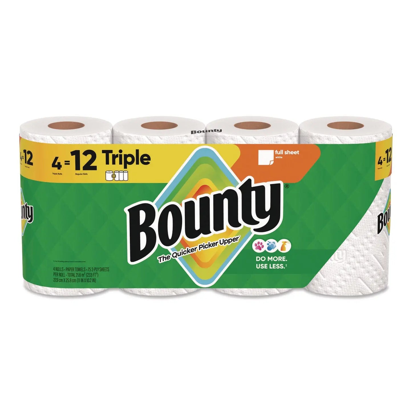 PGC16007 Kitchen Roll Paper Towels, 2-Ply, White, 10.5 x 11, 75 Sheets/Roll, 4 Triple Rolls/Pack, 6 Packs/Carton Bounty