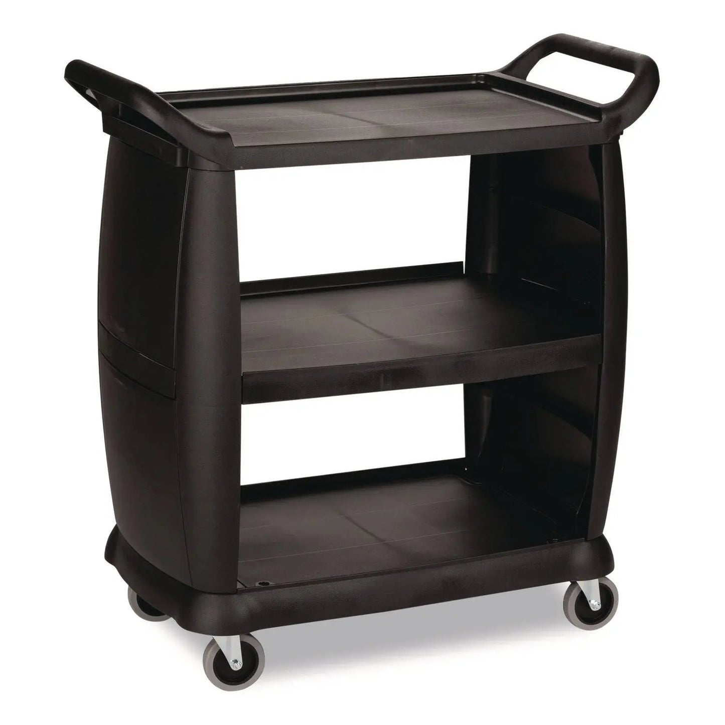 BWKBCART3 Bussing Cart, Plastic, 3 Shelves, 300 lb Capacity, 18 x 36.25 x 38, Black Boardwalk
