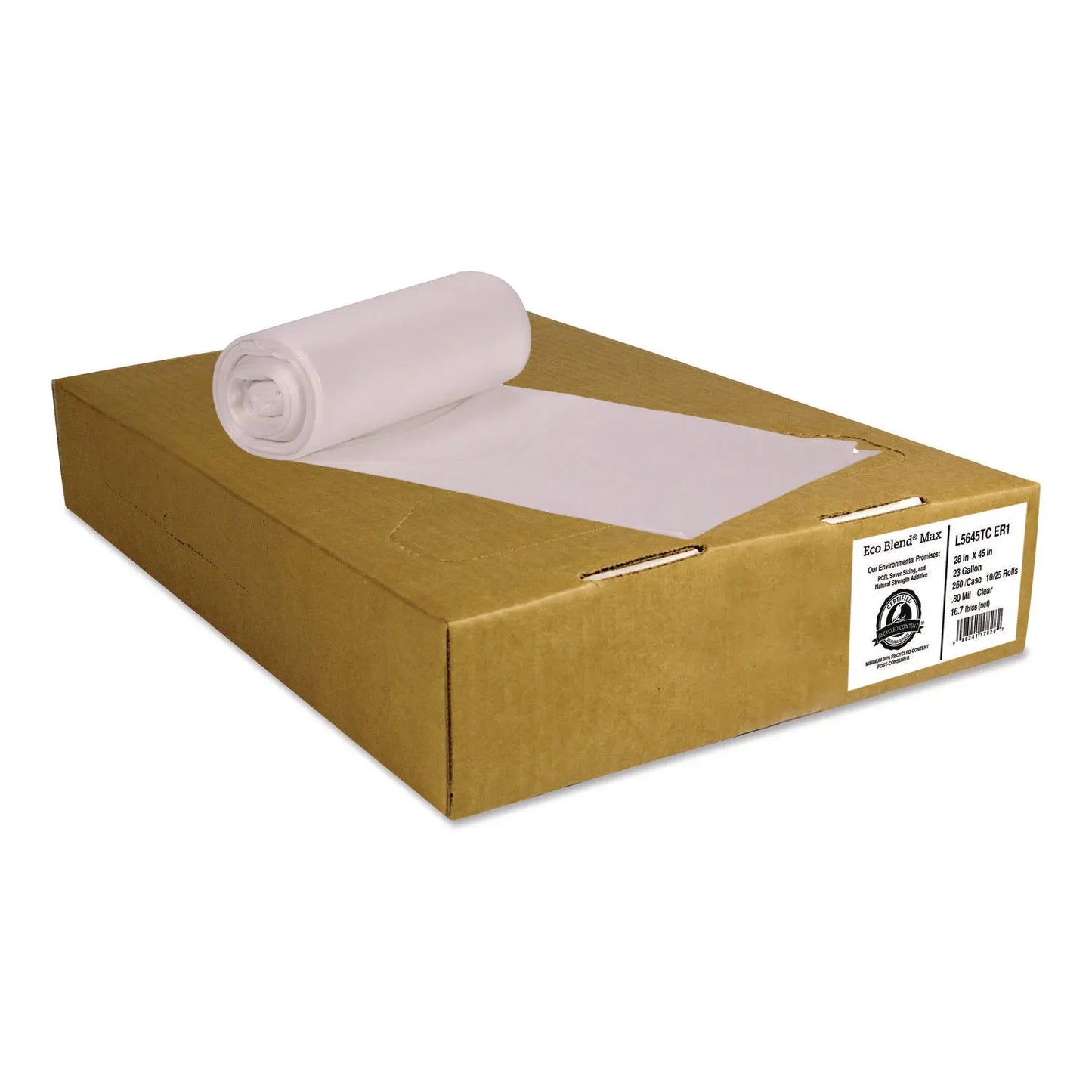 HERL5645TCER1 Eco Blend Max Can Liners, 23 gal, 0.8 mil, 28" x 45", Clear, 25 Bags/Roll, 10 Rolls/Carton Heritage