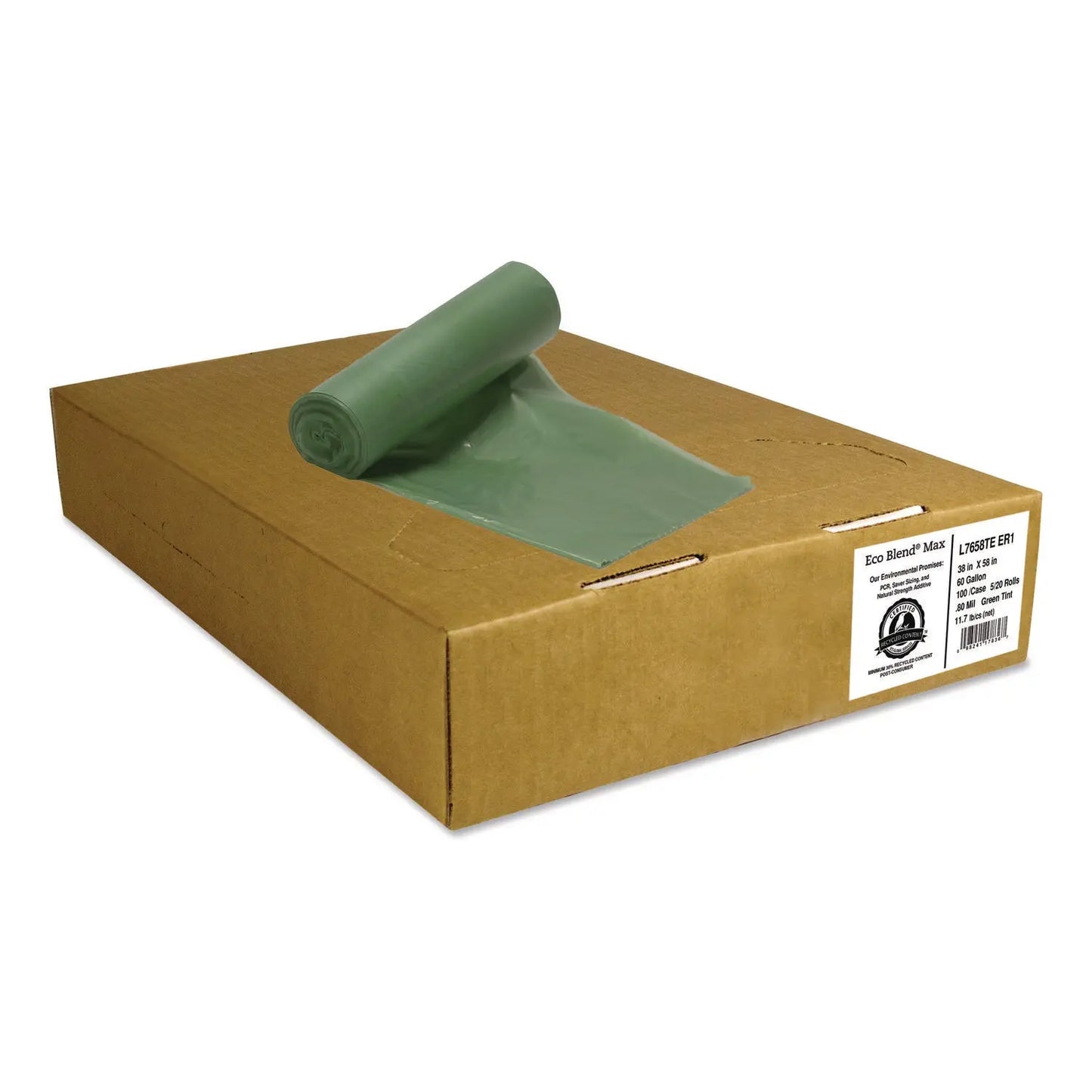 HERL7658TEER1 Eco Blend Max Can Liners, 60 Gal, 0.8 Mil, 38" x 58", Green, 20 Bags/Roll, 5 Rolls/Carton Heritage