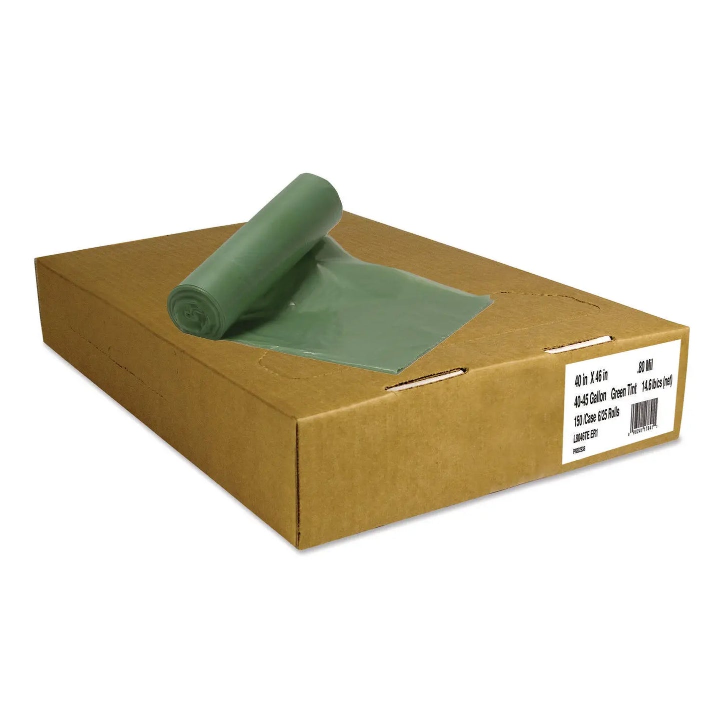 HERL8046TEER1 Eco Blend Max Can Liners, 45 Gal, 0.8 mil, 40" x 46", Green, 25 Bags/Roll, 6 Rolls/Carton Heritage