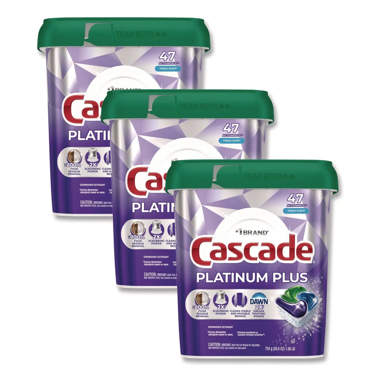 PGC15789CT Platinum Plus ActionPacs Dishwasher Detergent Pods, Fresh Scent, 26.6 oz Tub, 47/Tub, 3 Tubs/Carton Cascade