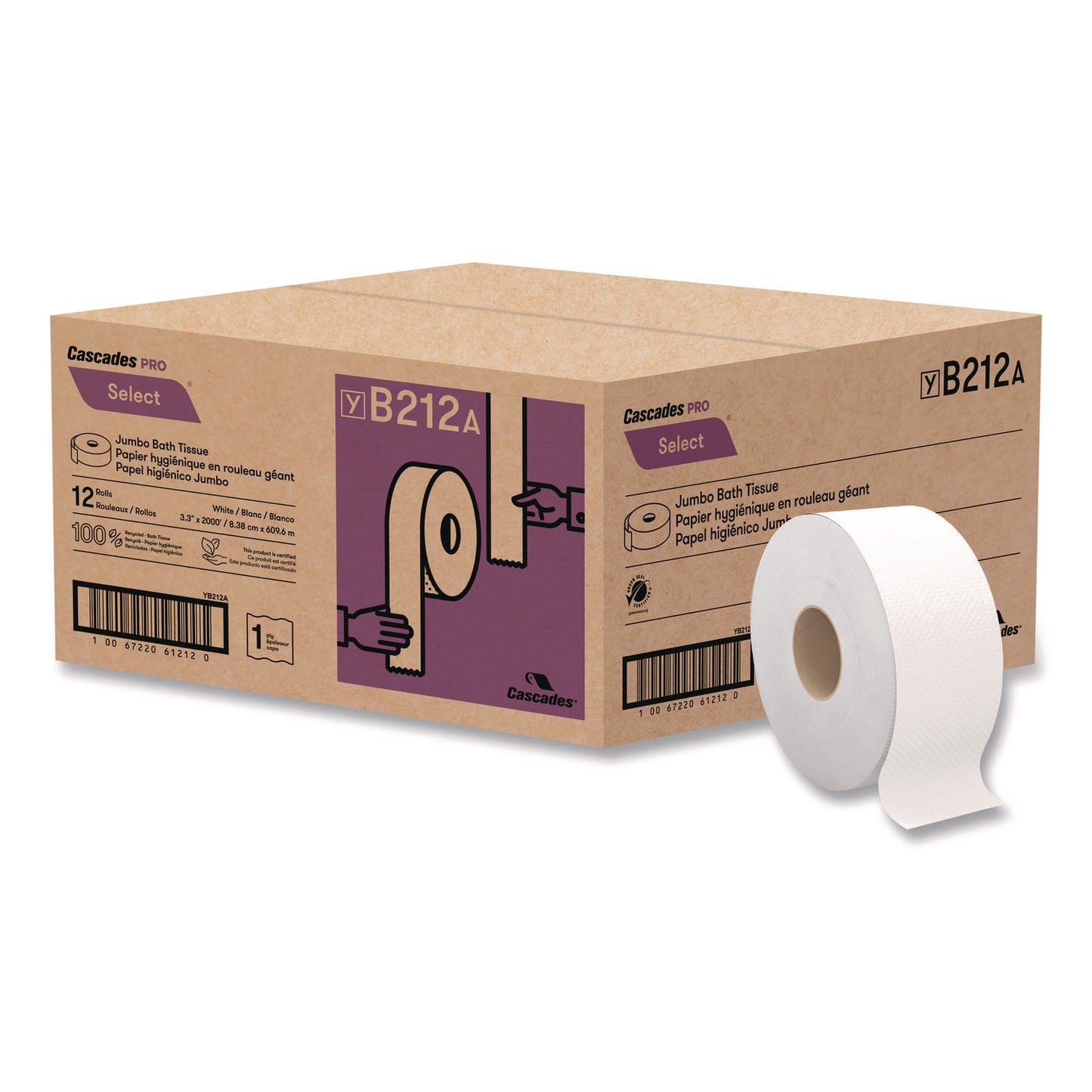 CSDB212 Select Jumbo Bath Tissue, Septic Safe, 1-Ply, 3.3" x 2,000 ft, White, 12 Rolls/Carton