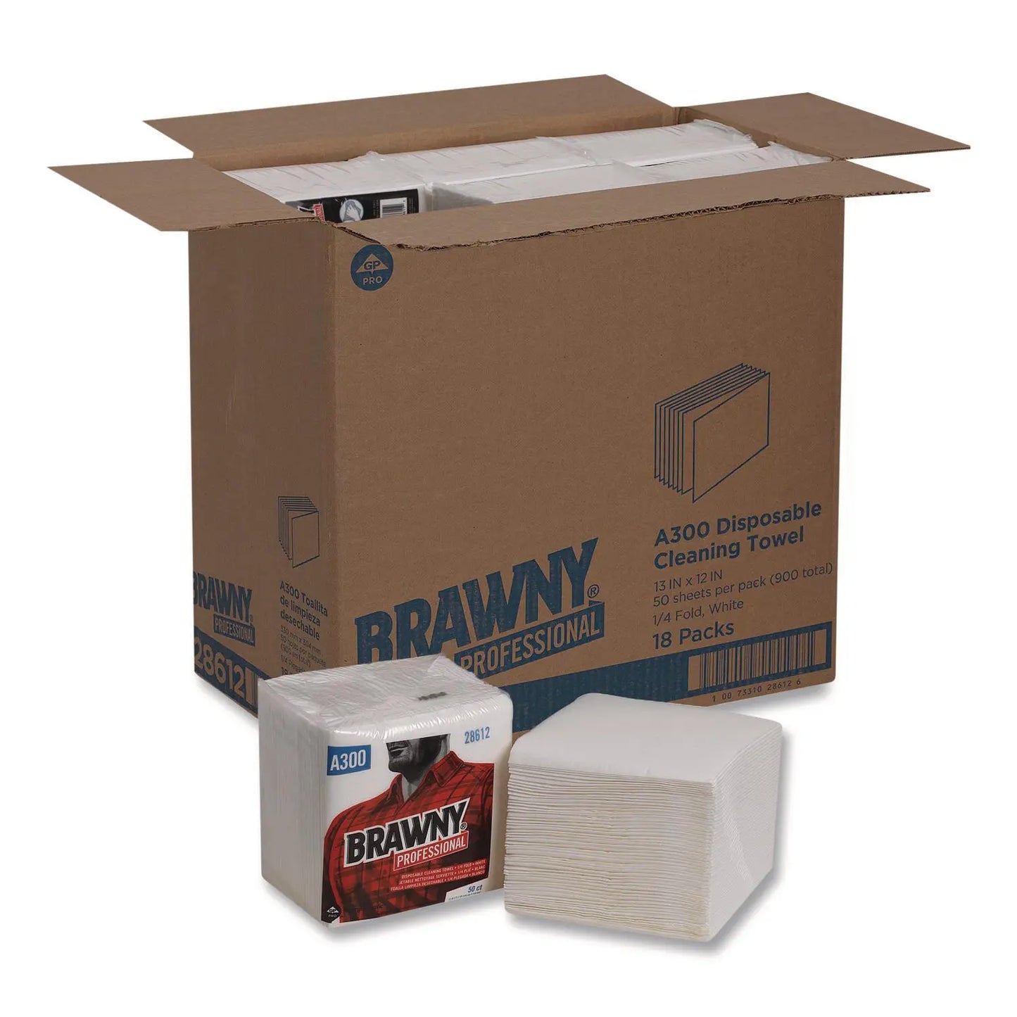 GPC28612 Professional Cleaning Towels, 1-Ply, 12 X 13, White, 50/pack, 18 Packs/carton Brawny Professional