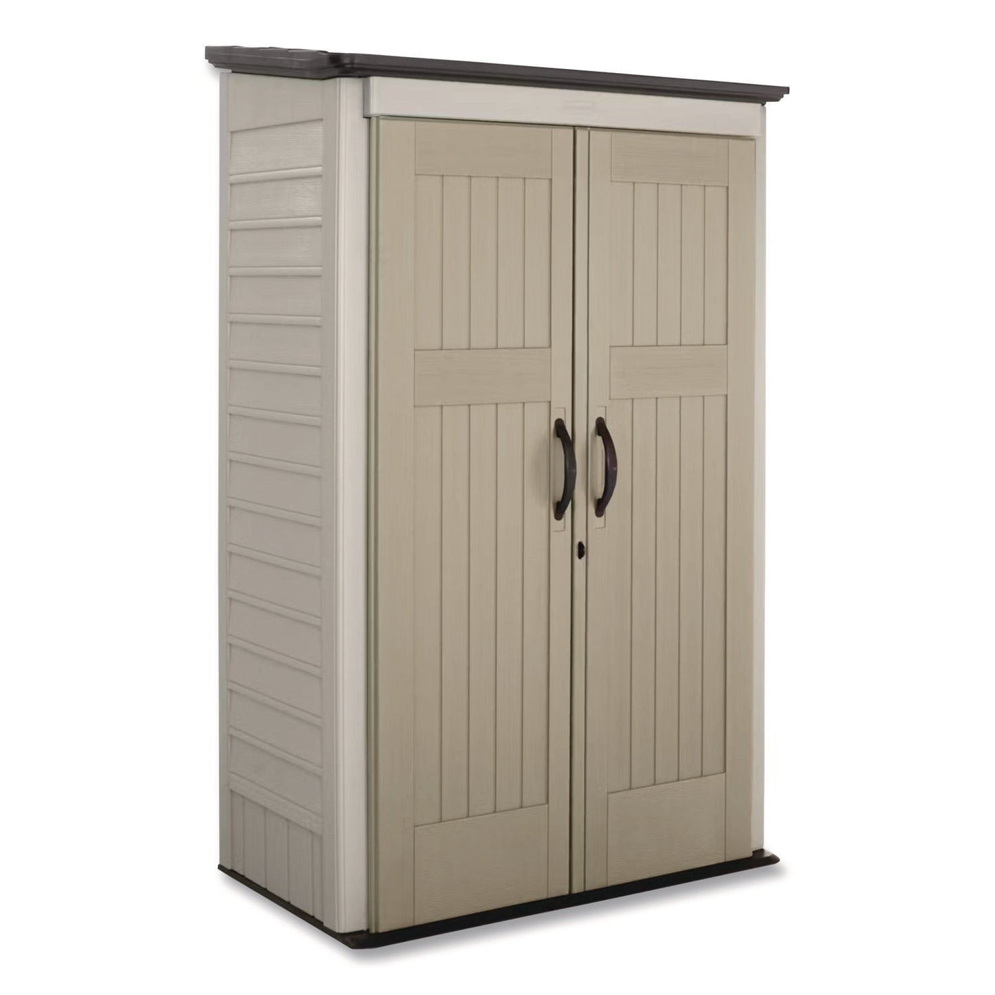 RUB5L3000SDONX Vertical Storage Shed, 53 cu ft, 2.5 ft x 4 ft x 7 ft, Sandstone/Faint Maple RUBBERMAID COMMERCIAL PROD.