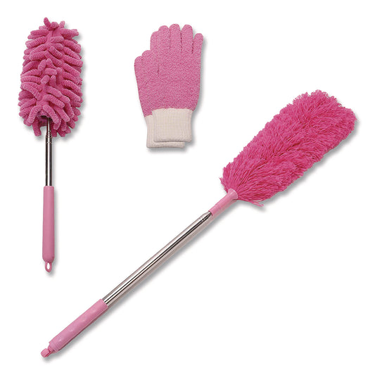 CH7TU68124 Dusting Set, Feather Duster, Dusting Wand, 2 Gloves, Pink