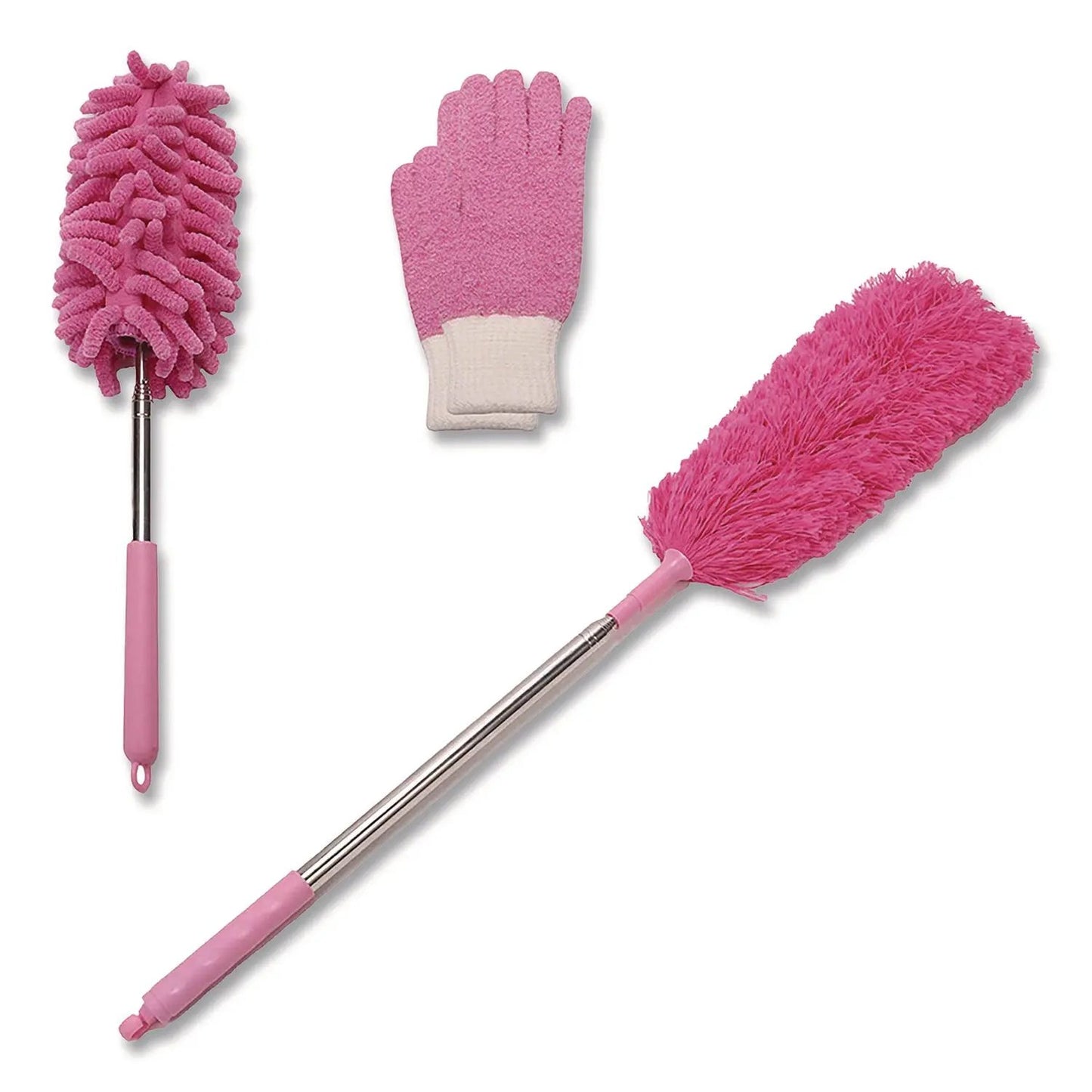 CH7TU68124 Dusting Set, Feather Duster, Dusting Wand, 2 Gloves, Pink TidyUps