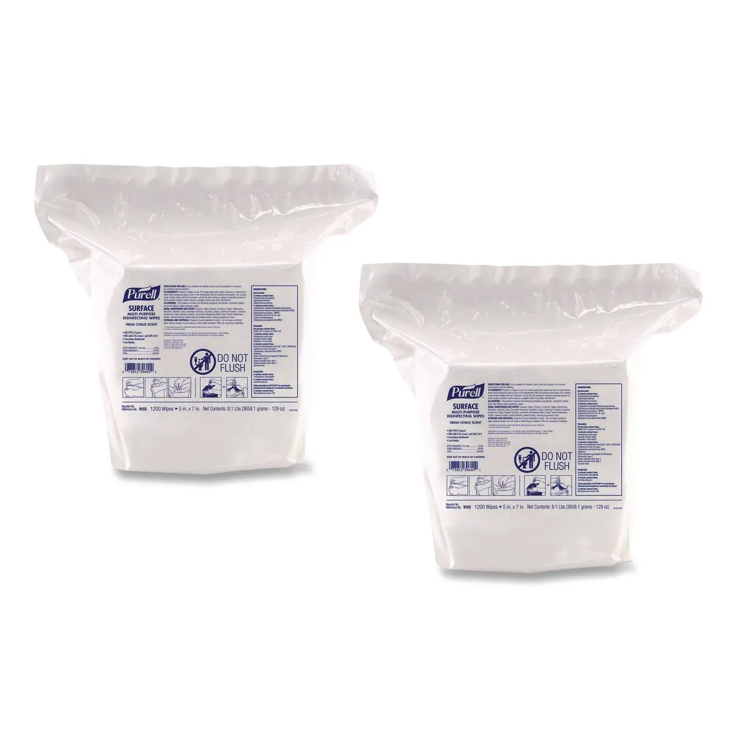 GOJ910302CT Surface Multi-Purpose Disinfecting Wipes, 1-Ply, 5 x 7, Fresh Citrus, White, 2/Carton PURELL