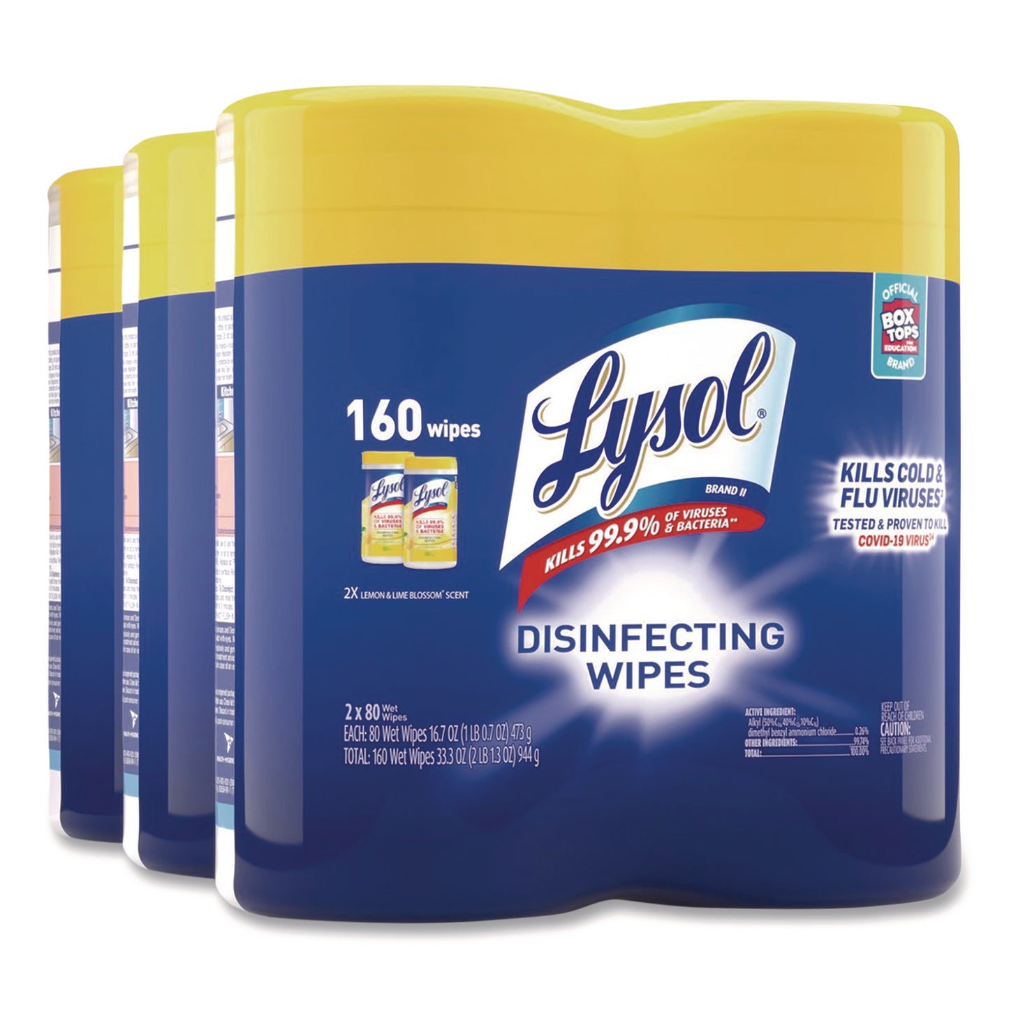RAC80296 Disinfecting Wipes, 1-Ply, 7 x 7.25, Lemon and Lime Blossom, White, 80 Wipes/Canister, 2 Canisters/Pack, 3 Packs/Carton