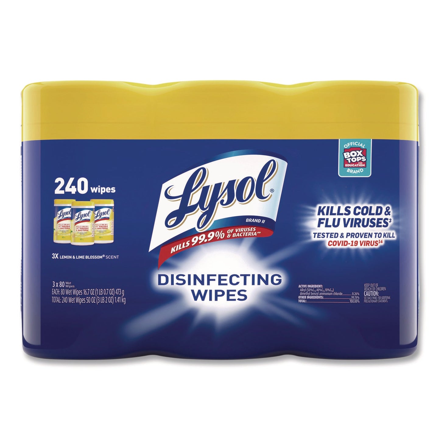 RAC84251PK Disinfecting Wipes, 1-Ply, 7 x 7.25, Lemon and Lime Blossom, White, 80 Wipes/Canister, 3 Canisters/Pack LYSOL Brand