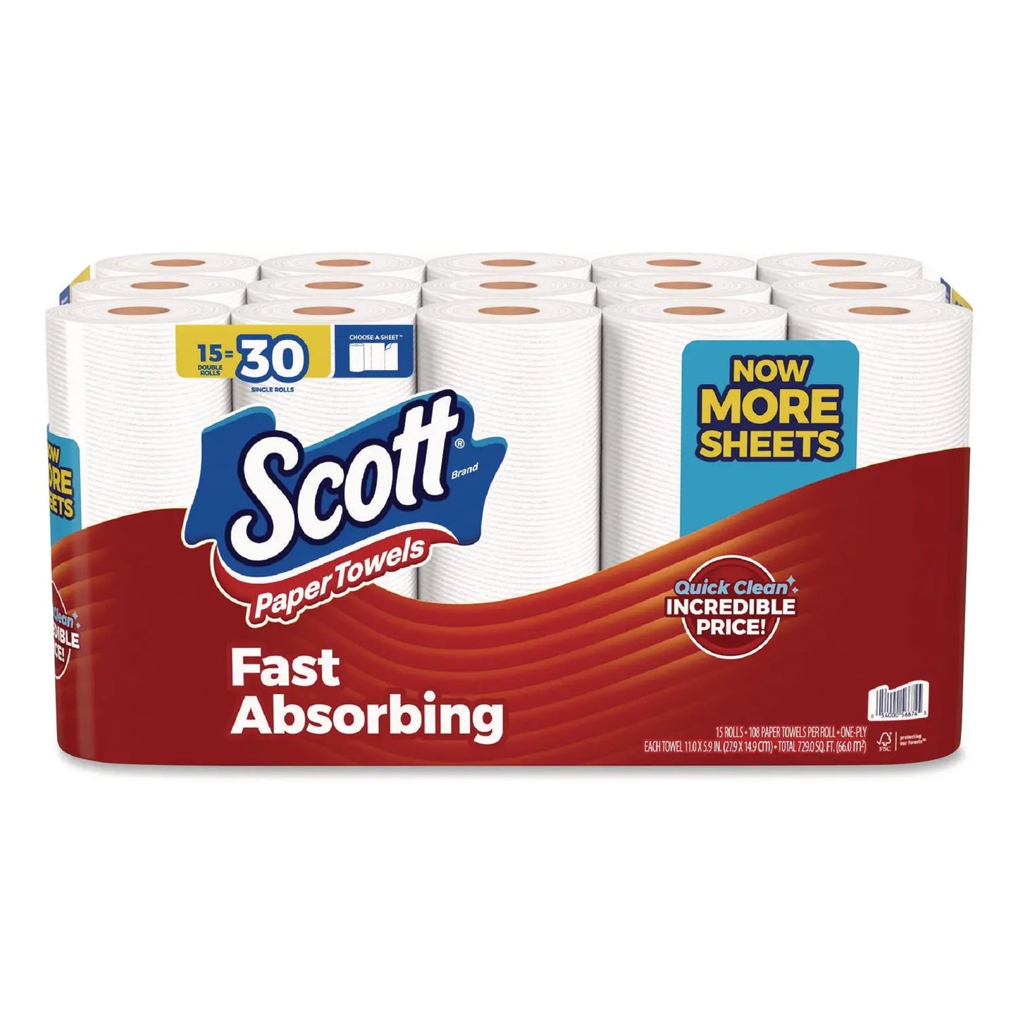KCM56674 Choose-A-Sheet Mega Kitchen Roll Paper Towels, 1-Ply, 7.31 x 11, White, 108 Sheets/Roll, 15 Rolls/Pack, 2 Packs/Carton Scott
