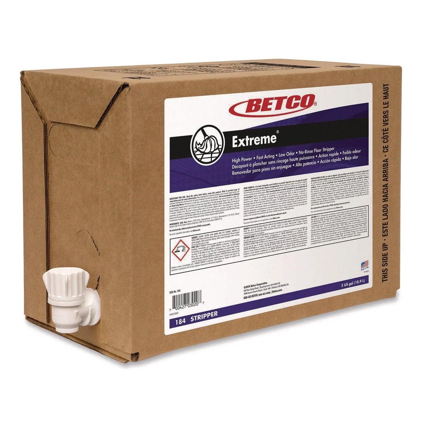 BET184B500 Extreme Floor Stripper, Lemon Scent, 5 gal Bag-in-Box Betco
