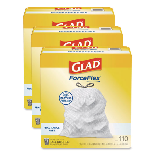 CLO22541CT ForceFlex Kitchen Drawstring Trash Bags, Drawstring, 13 gal, Unscented, 23.47 x 25.38, White, 110 Bags/Box, 3 Boxes/Carton