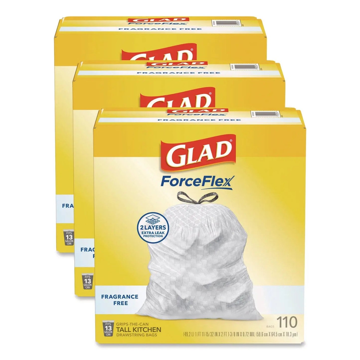 CLO22541CT ForceFlex Kitchen Drawstring Trash Bags, Drawstring, 13 gal, Unscented, 23.47 x 25.38, White, 110 Bags/Box, 3 Boxes/Carton Glad