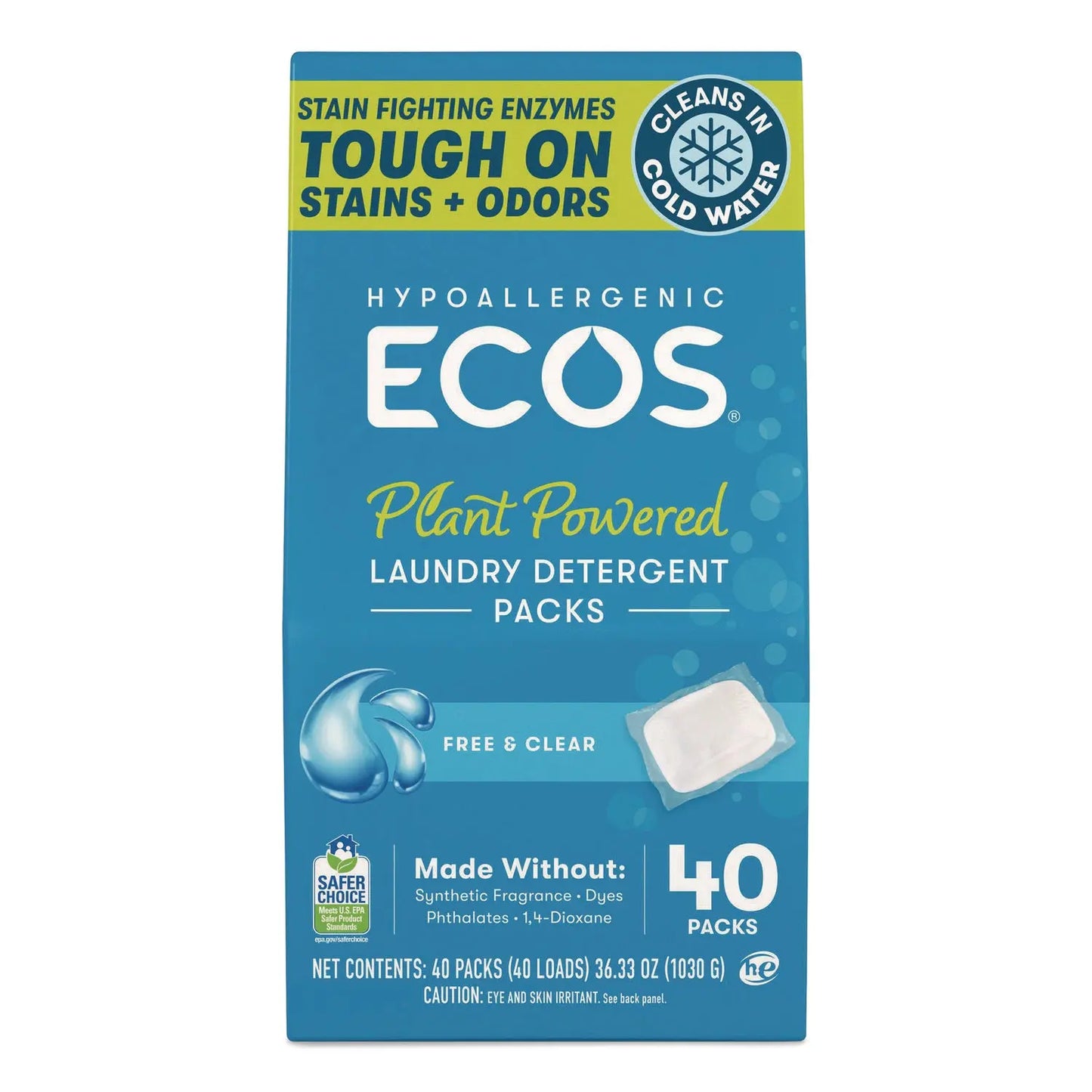 EOP963706EA Laundry Detergent Packs, Free and Clear, 40/Pack ECOS