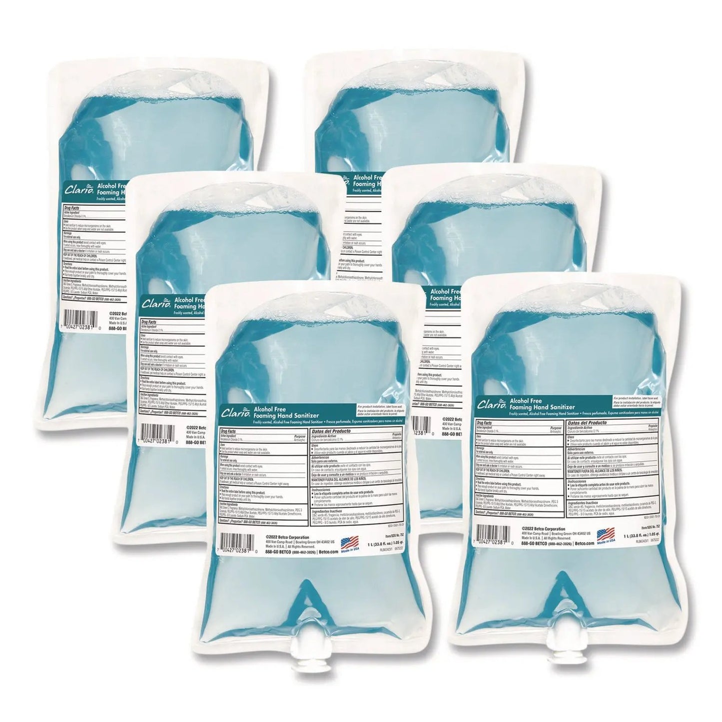 BET7522900 Clario Alcohol Free Foaming Hand Sanitizer, 1,000 mL Bag, Fresh, 6/Carton Betco