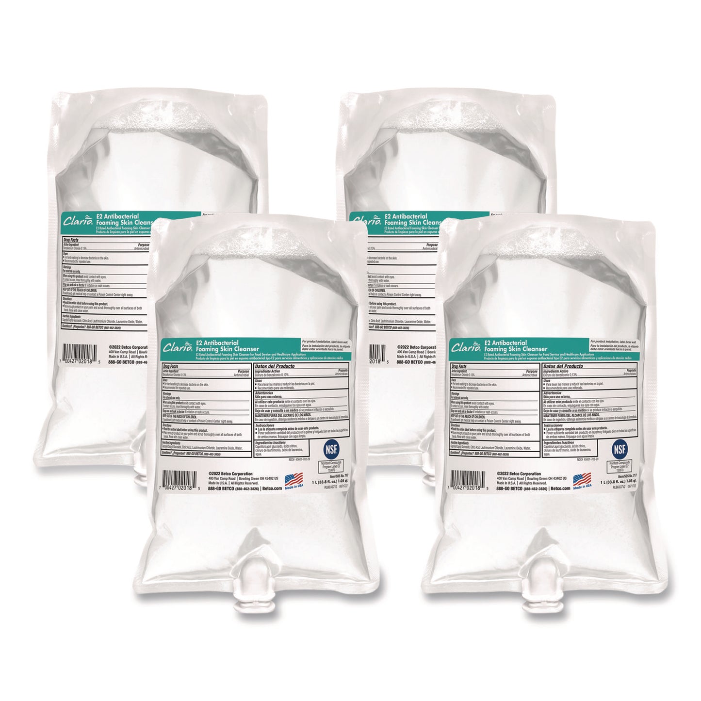 BET7172900 E2 Antibacterial Foaming Skin Cleanser Refill, Fragrance-Free, 1,000 mL, 6/Carton