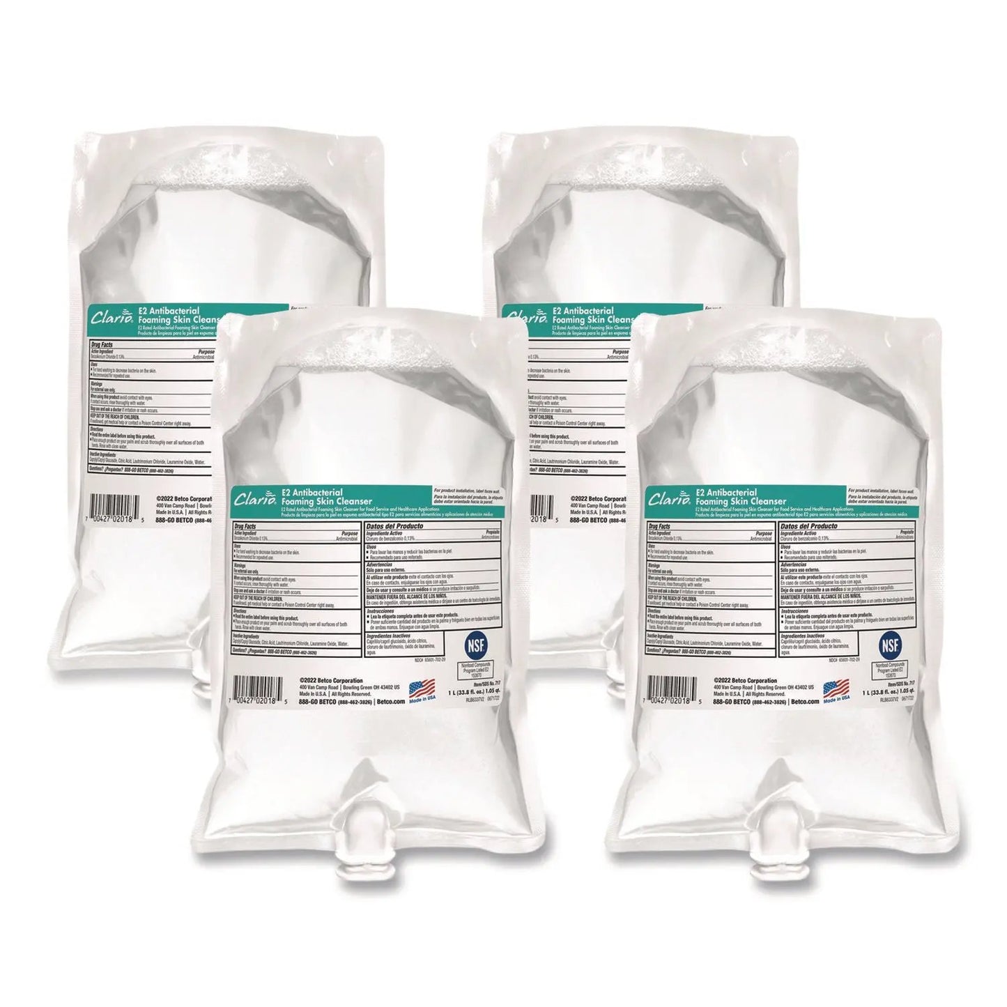 BET7172900 E2 Antibacterial Foaming Skin Cleanser Refill, Fragrance-Free, 1,000 mL, 6/Carton Betco