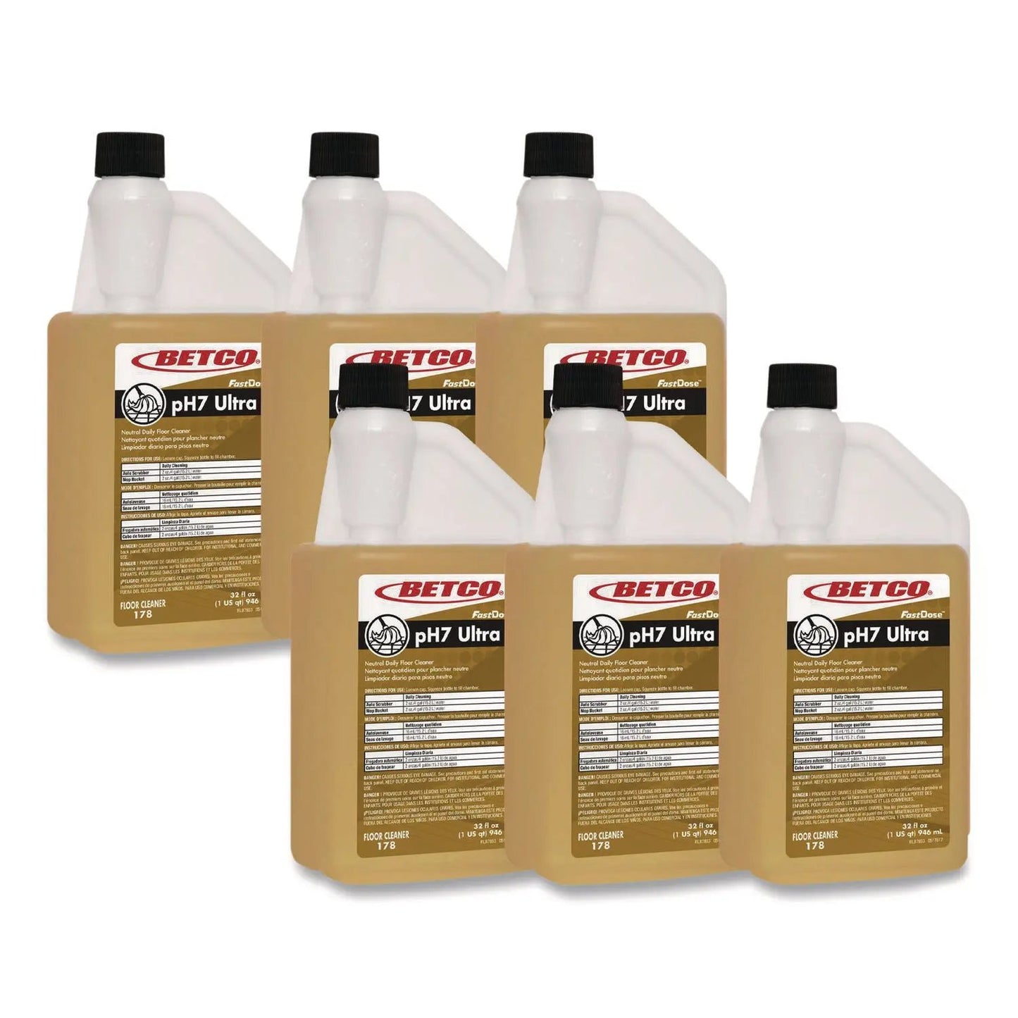 BET1784800 pH7 Ultra Floor Cleaner, Lemon Scent, 32 oz Bottle, 6/Carton Betco