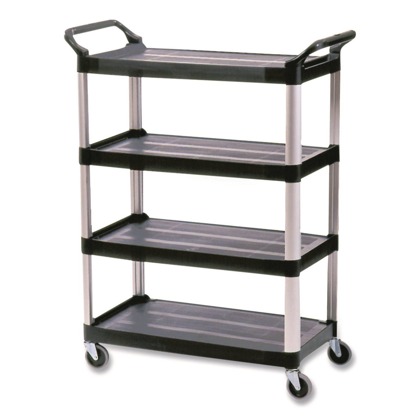 RCP409600BLA Xtra Utility Cart with Open Sides, Plastic, 4 Shelves, 400 lb Capacity, 40.63" x 20" x 51", Black