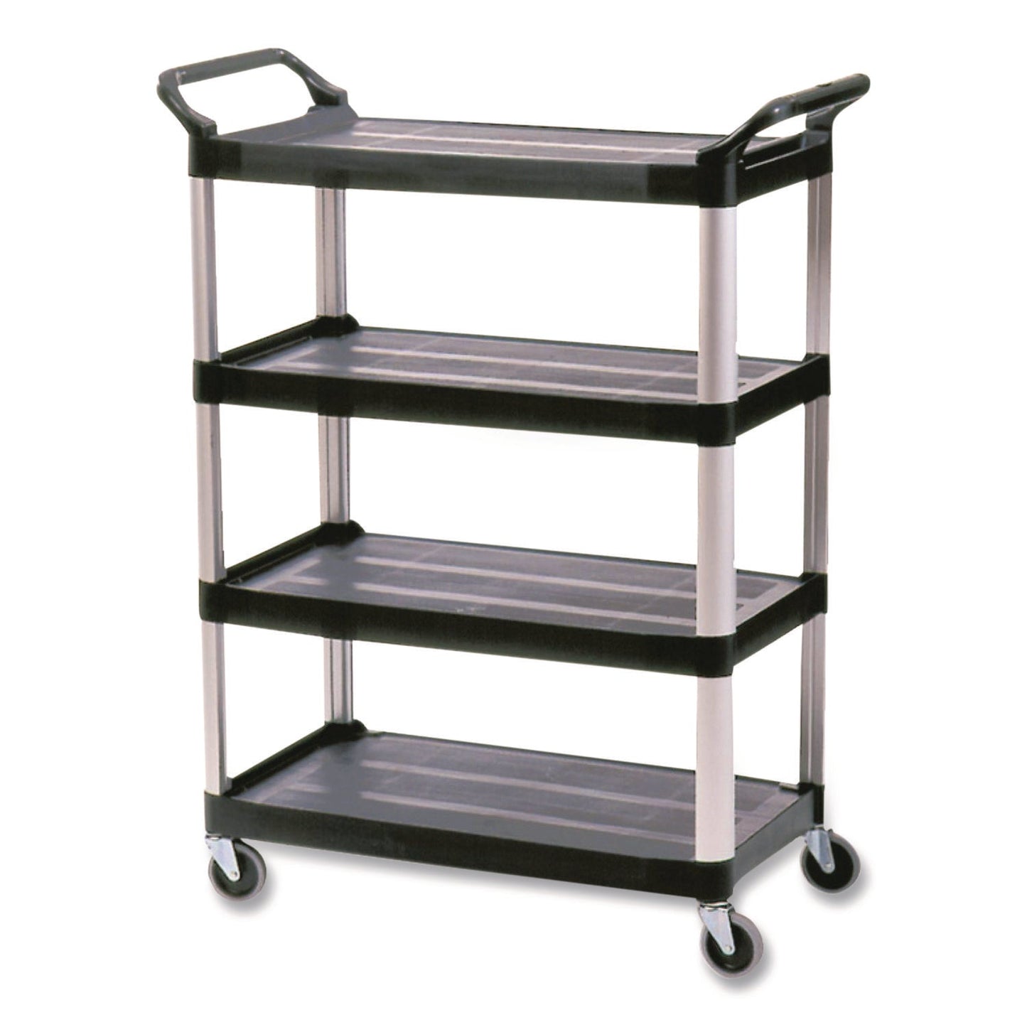 RCP409600BLA Xtra Utility Cart with Open Sides, Plastic, 4 Shelves, 400 lb Capacity, 40.63" x 20" x 51", Black RUBBERMAID COMMERCIAL PROD.