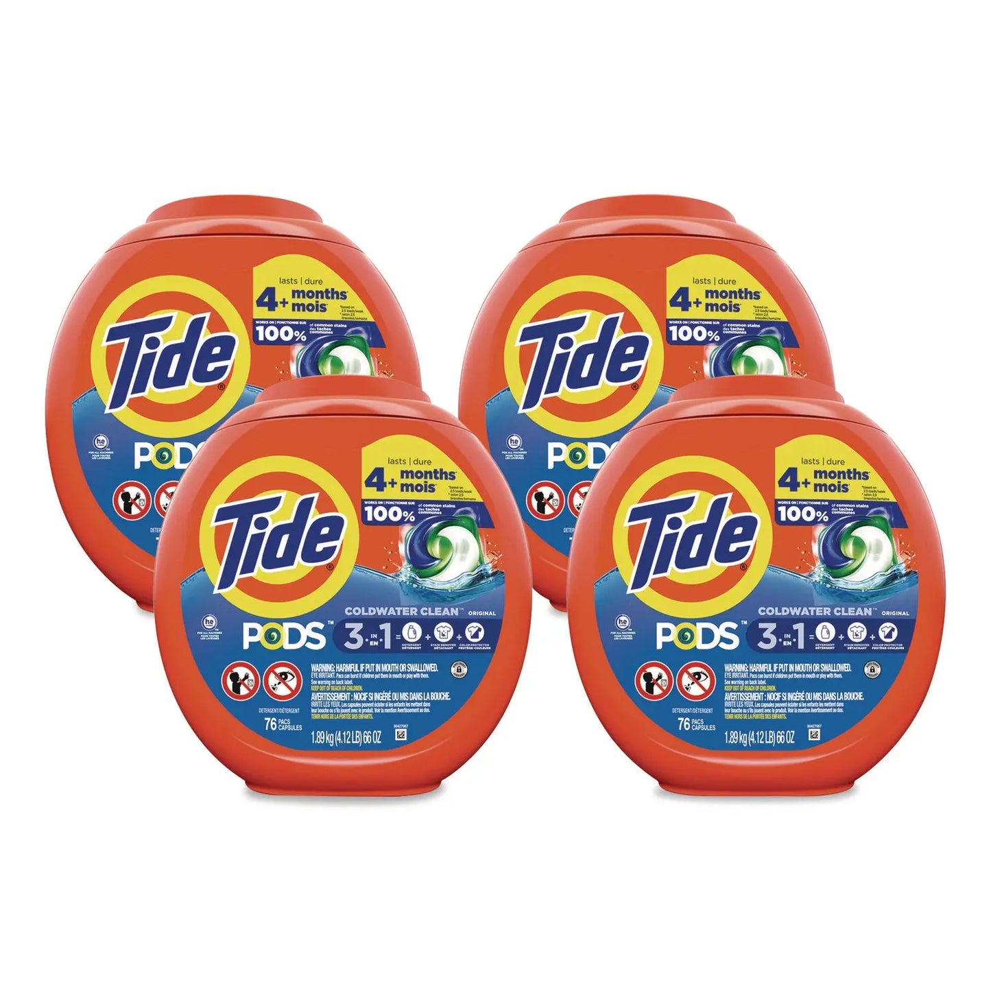 PGC09165CT PODS Laundry Detergent, HE Compatible, Coldwater Clean Original, 66 oz Tub, 76 Pods/Tub, 4 Tubs/Carton Tide