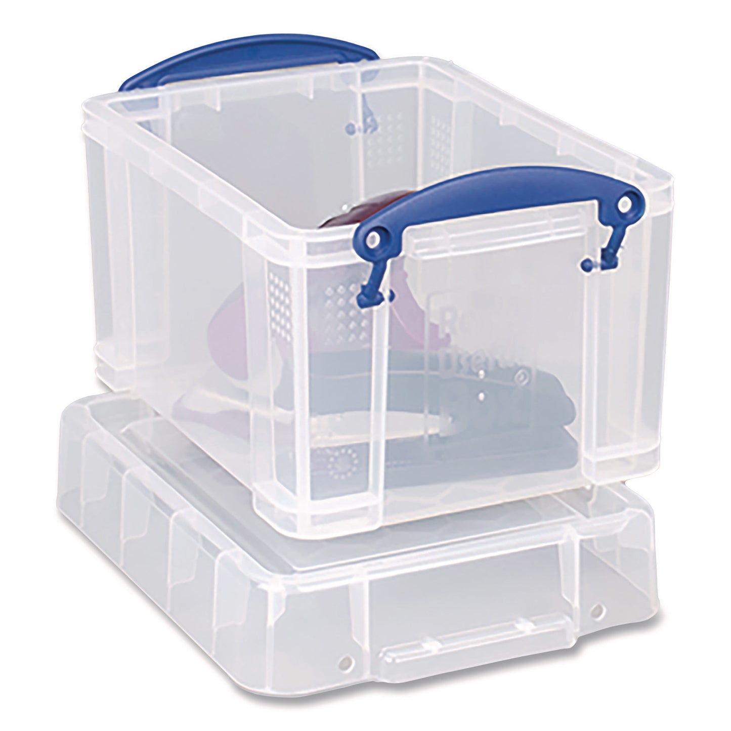 RUA3C Snap-Lid Storage Bin, 101.12 oz, 7.06" x 9.62" x 6.25", Clear Box/Blue Handle Really Useful Box