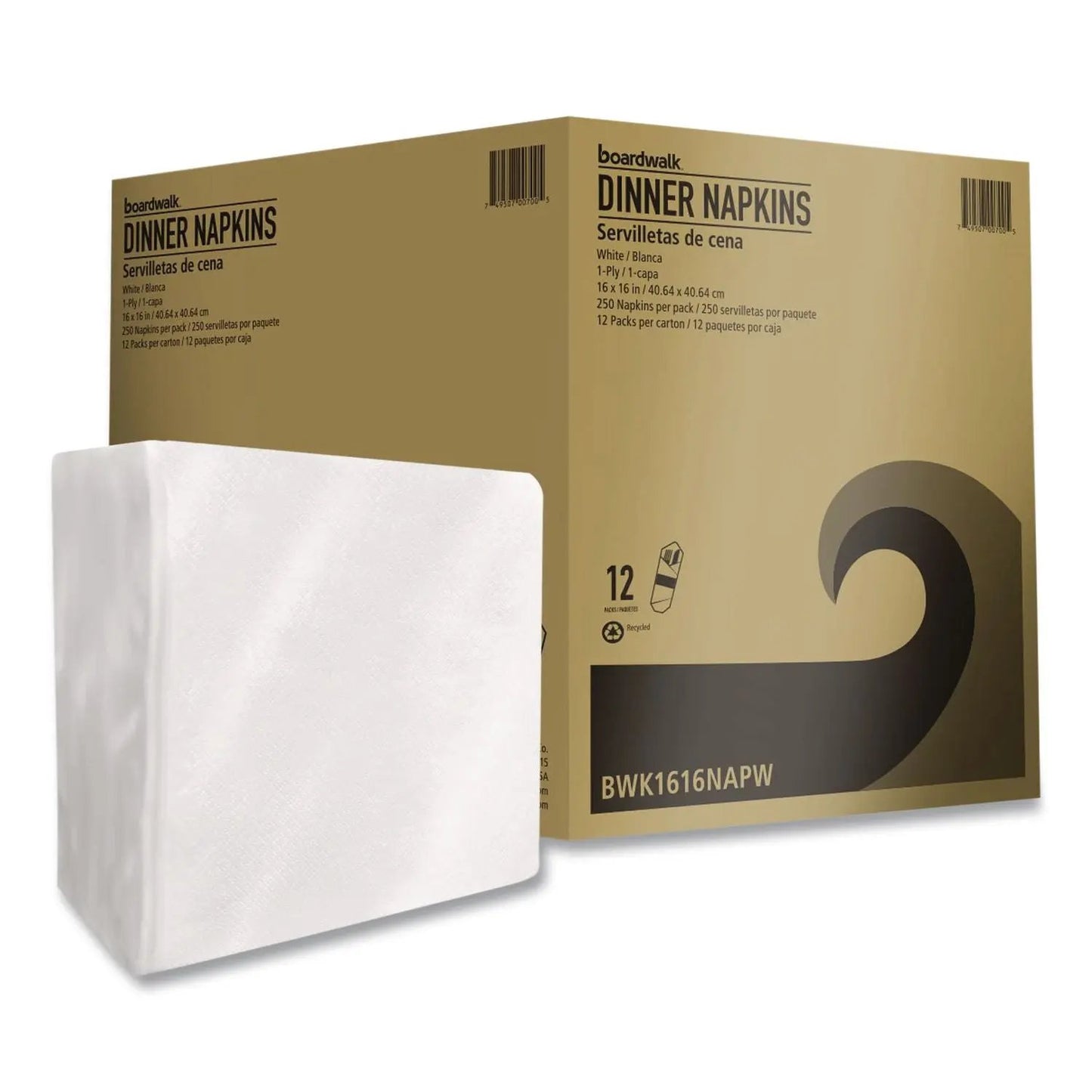BWK1616NAPW Dinner Napkins, 1-Ply, 16" x 16", White, 250/Pack, 12 Packs/Carton Boardwalk