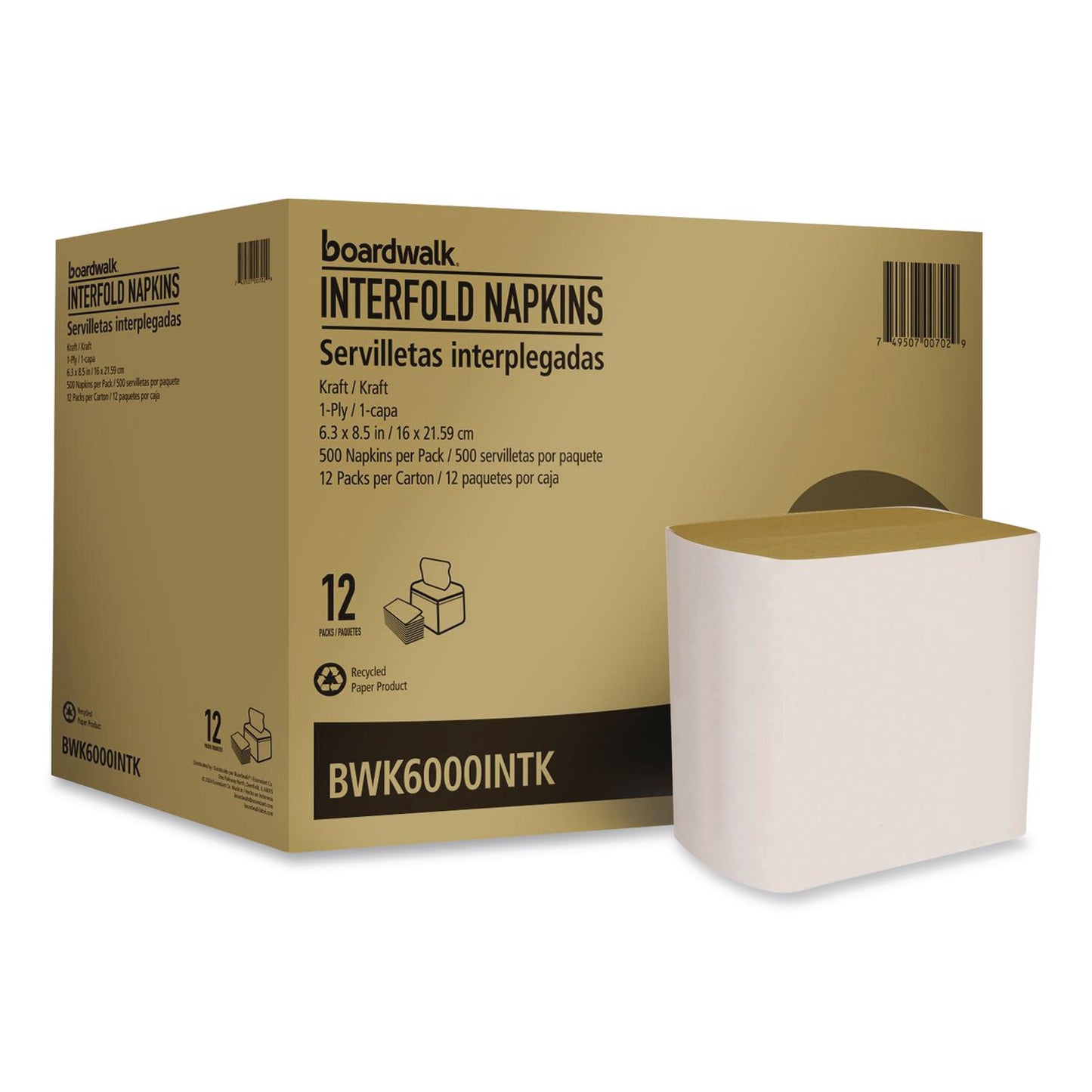 BWK6000INTK Interfold Napkins, 1-Ply, 8.8 x 6.3, Kraft, 500/Pack, 12 Packs/Carton