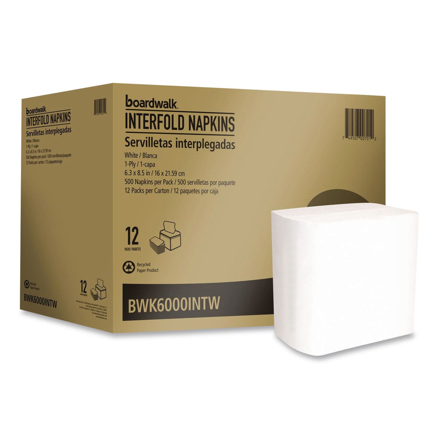 BWK6000INTW Interfold Napkins, 1-Ply, 8.8 x 6.3, White, 500/Pack, 12 Packs/Carton