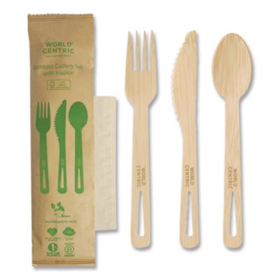 WORASBBTN Bamboo Cutlery, Fork/Knife/Napkin/Spoon, Paper, Natural, 250/Carton WORLD CENTRIC
