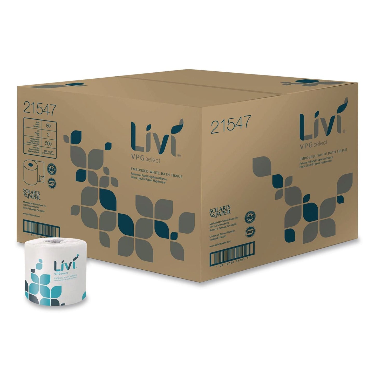 SOL21547 Bath Tissue, Septic Safe, 2-Ply, White, 500 Sheets/Roll, 80 Rolls/Carton Livi VPG Select
